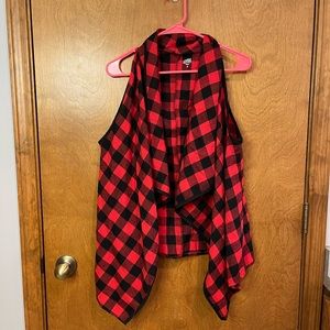 TICKLED TEAL black & red buffalo plaid waterfall vest
